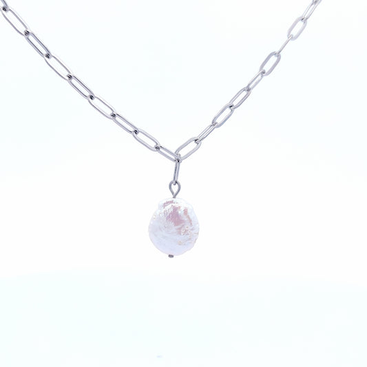 Silver Paperclip Freshwater Coin Pearl Drop Necklace